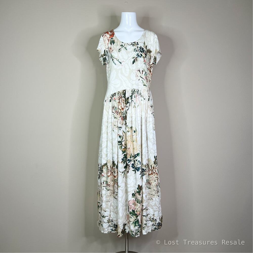 Peruvian Connection | Antique Floral Print Short Sleeve Soft Cream Midi Dress M - Picture 2 of 10